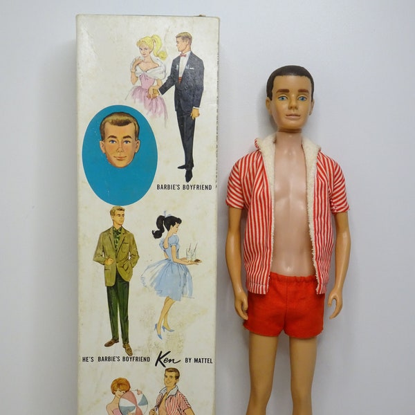 Boxed 1960s Ken doll, Barbie's boyfriend. Brown Flock hair, blue eyes. Original shirt, shorts, leaflet, shoes. Read description check photos