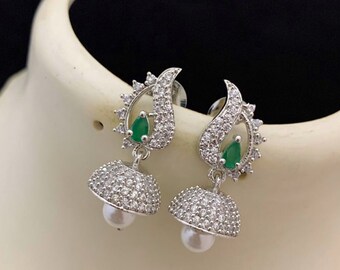 Indian Silver Plated Ad Stone Jhumki, Pearl Dropped Silver Cz Jhumka Earrings, Pakistani Earring jhumkas, Jhumka For Weddings,Birthday,party