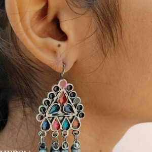Afgani oxidised dangle drop earrings, boho hippie oxidised black finish hanging earrings, stone earrings with ghugroo, light weight earrings
