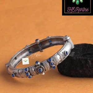 Vintage Silver Look Alike Bangles, Oxidised Handmade Tribal Tibetan Kada Bangle, Women Ethnic Jewelry-Studded With Red /Green /Blue Stones
