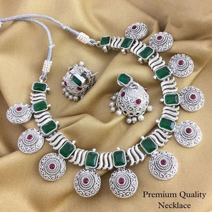 Oxidized German Silver Antique Necklace, Oxidised Black, Ruby Tone, Green, Multi Color Ad Stone Jhumka / Jhumki Indian Ethnic Jewelry set