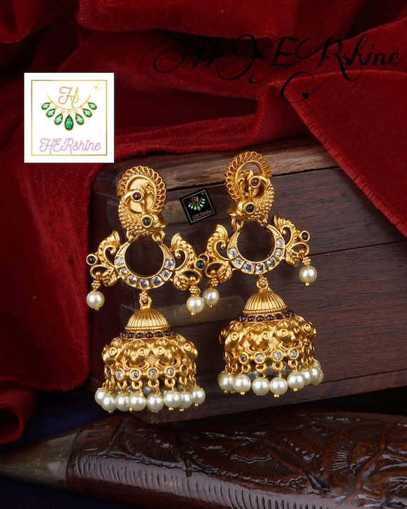 Indian latest trendy antique gold jhumka, one gram gold forming dangle drop  peacock earring studded with red, green, white cz ad stones,