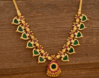 Kerala palakka Necklace Green 6 Petal | One Gram Gold Plated Traditional Mala | South Indian Wedding And Festival Jewelry