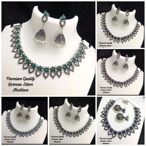 Oxidized German Silver Antique Necklace, Black Finish Oxidised Black / Green Ad Stone Bollywood Jewelry With Jhumka /Jhumki Set Gift To Her