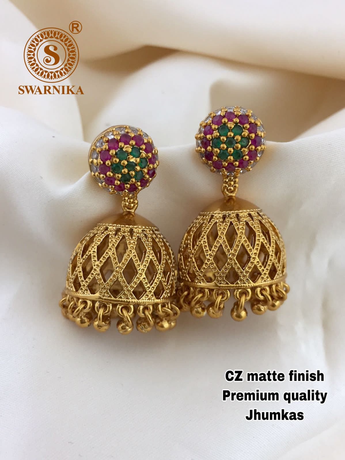 Indian Antique Gold Plated Jhumki Green, Ruby, White Cz Stone - Main Image