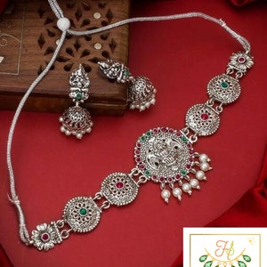 Oxidised Kolhapuri Choker Studded Stones, Bollywood Choker Necklace With Jhumka,Antique Germansilver Pearl Dropped Temple Choker Necklaceset