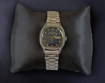 Vintage West End Sowar Prima Ladies Automatic Watch | 1970s Swiss Made Blue Dial Day Date Dress Watch | Stainless Steel Bracelet Gift