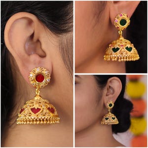 Pendientes Kerala Palakka Jhumka / Un gramo de oro rojo verde / Joyería étnica del festival Thiruvathira Onam Vishu / Ropa del programa cultural