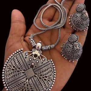 Oxidised Bollywood Ethnic Pendant Necklace Set - Antique Oxidized German Silver Handmade Statement Necklace With Light Weight Earring Jhumka