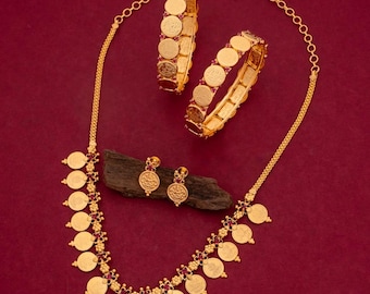 neoheritage Lakshmi Coin Necklace Set Combines Coin Necklace, Coin Bangles, Coin Stud Earrings Traditional South Indian Kasu Mala Set