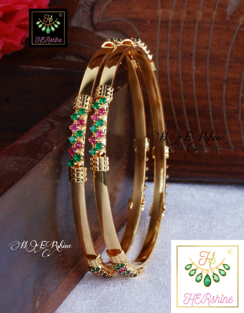 916 Gold Plated Pink & Green Cz Bangles, American Diamond Inlaid One Gram Gold Forming Bangles For Wedding,Birthday,Anniversary, 2-6 Inches A) 2-6 Size