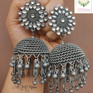 Black Oxidised Big Bahubali Style Jhumka, Oxidized Indian/Pakistani Antique Light Weight Boho Dangler Jhumki Earrings With Gungroo nd Charms