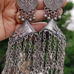 Oxidised Black Polished Designer Jhumka,German Silver Light Weight Big Dangler Samosa Earring With Chains For Weddings,Anniversary,Birthday