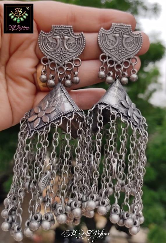 Oxidised Black Polished Designer Jhumka,German Silver Light Weight Big  Dangler Samosa Earring With Chains For Weddings,Anniversary,Birthday - Main Image