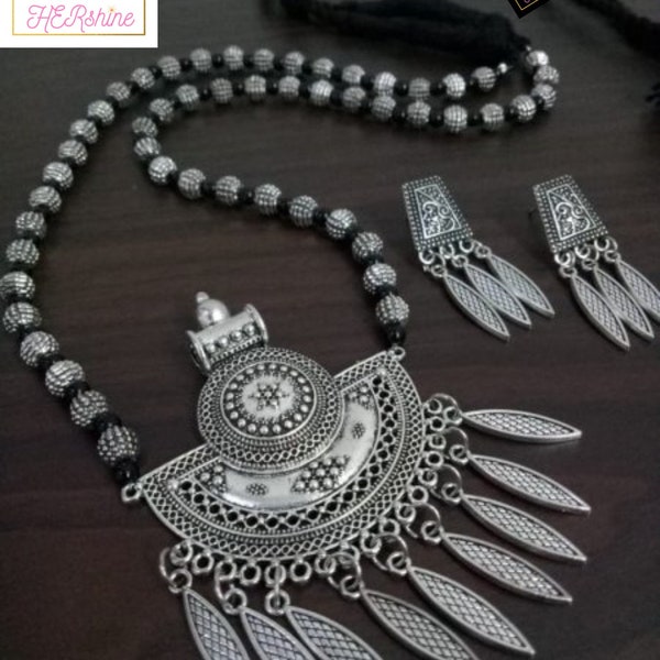 Oxidised silver necklace Indian, Oxidized Indian jewelry, German silver india necklace, Kolhapuri necklace pendant Antique Oxidised Necklace