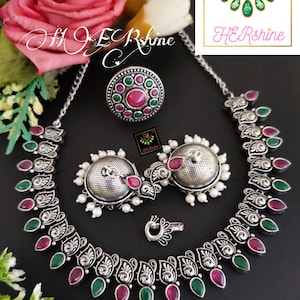 Oxidised indian ethnic necklace combo set, antique black finished  oxidized silver tone jewelry necklace+jhumka+nosepin+ring beautiful combo