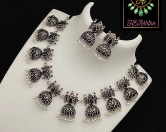 German silver Jhumka jhumki Necklace Set, Oxidised Silver Designer Necklace Choker_Black,Blue,Green,Ruby,Mint,Turquoise Stones Necklace Set