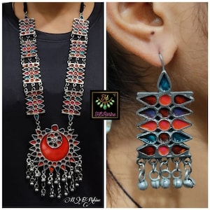Silver Look Alike Afagani Necklace Set, Black Oxidised German Silver Ghungroo Droped Long Necklace With Long Dangler Earrings,Party Wear Set
