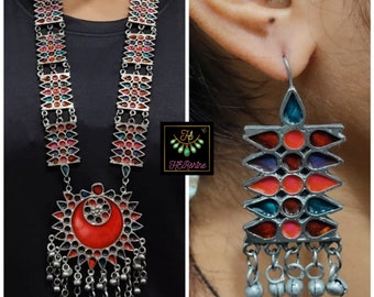 Silver Look Alike Afagani Necklace Set, Black Oxidised German Silver Ghungroo Droped Long Necklace With Long Dangler Earrings,Party Wear Set