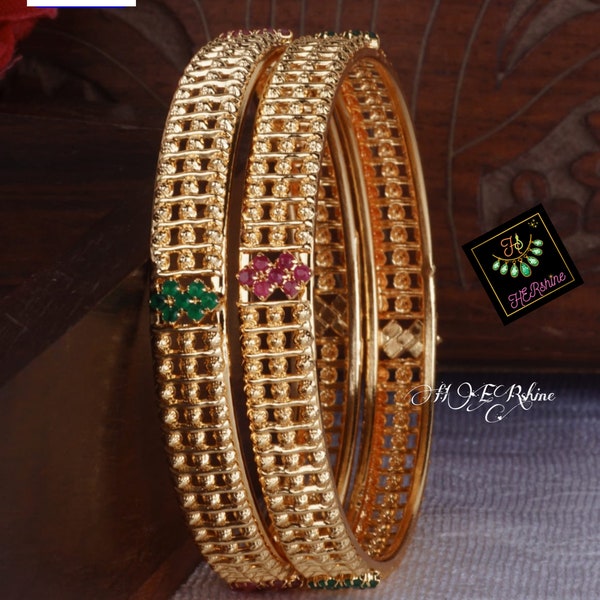 Gold Plated American Diamond Bangles Set, Pink (Red) Green Stones Studded One Gram Gold Bangles Kada, Indian Ethnic CZ Gold Bangle Jewelry