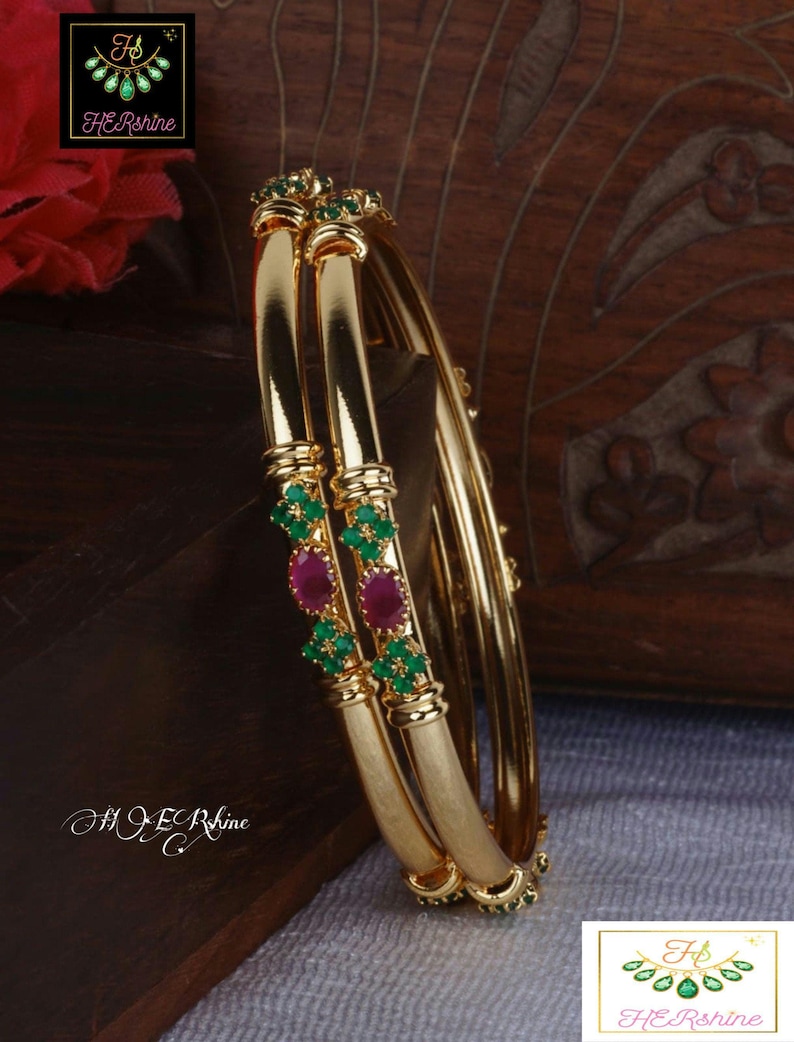 916 Gold Plated Pink & Green Cz Bangles, American Diamond Inlaid One Gram Gold Forming Bangles For Wedding,Birthday,Anniversary, 2-6 Inches C) 2-6 Size