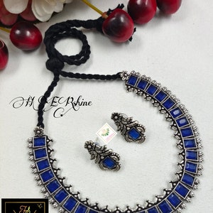 Oxidized German Silver Antique Necklace, Oxidised Ruby Tone, Green, Multi Color, Blue Ad studded Indian Ethnic black finished Jewelry set