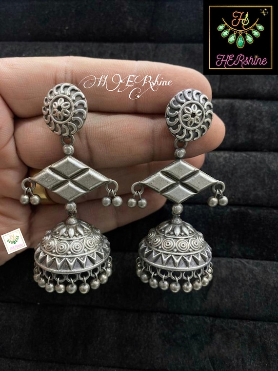 Indian-pakistani Silver Oxidized jhumka,Persian Style Light Weight Dangler  Long Earrings With Ghungroo,Antique Vintage Look Earring Jewelry - Main Image