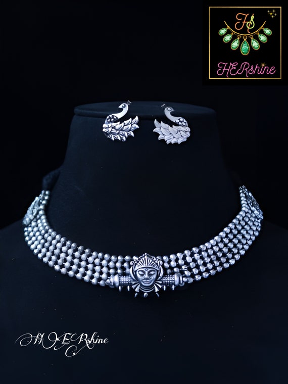 German Silver Antique Oxidised Choker Set, Silver Look Alike Party Choker  Necklace, Peacock Boho Tribal Oxidized Chokers For Women And Girls