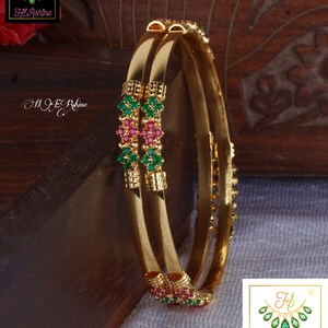916 Gold Plated Pink & Green Cz Bangles, American Diamond Inlaid One Gram Gold Forming Bangles For Wedding,Birthday,Anniversary, 2-6 Inches B) 2-6 Size