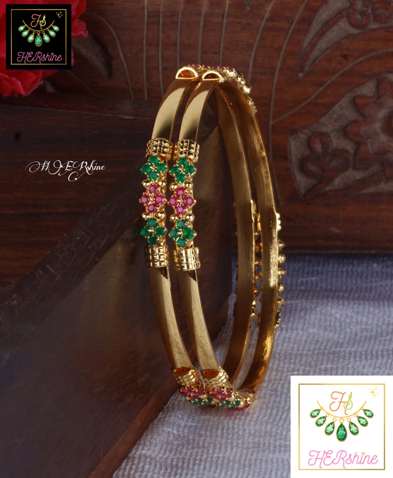 916 Gold Plated Pink & Green Cz Bangles, American Diamond Inlaid One Gram Gold Forming Bangles For Wedding,Birthday,Anniversary, 2-6 Inches B) 2-6 Size