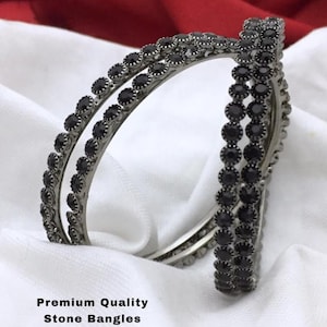 Oxidized Black Metal Finished AD Bangle - Oxidised German Silver Black Ad Stone Studded Trendy Bollywood Bangles Jewellery Set of 4