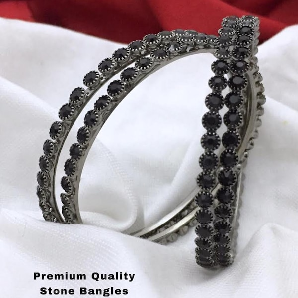 Oxidized Black Metal Finished AD Bangle - Oxidised German Silver Black Ad Stone Studded Trendy Bollywood Bangles Jewellery Set of 4