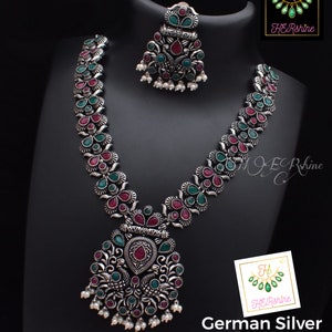 German Silver Necklace With Stones, Pink, Blue, Green, Turquoise, Turquoise, Multi Color Stone Studded Antique Oxidised Necklace And Earring
