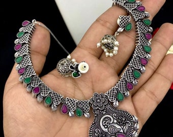 Oxidized Peacock Design Necklace Set, German Silver Stone Studded Short Necklace_Blue,Green,Pink,Red,Ruby,Turquoise Stones Necklace & Jhumka
