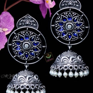 Silver Toned Jhumkas With CZ Stones, Antique Oxidised German Silver Look Alike Earring Jhumki Studded Pink Blue Green Diamond For Party Gift