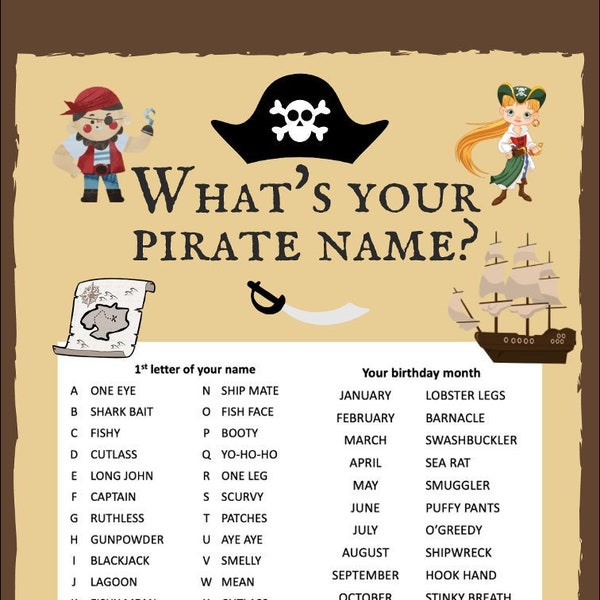 What's Your Pirate Name? Name Generator Printable Party Game Instant Download Party Game Name Generator Pirate Name Pirate Theme Name Game