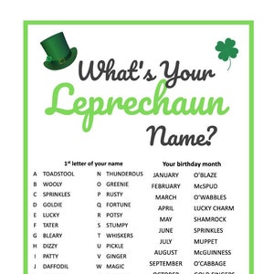 Whats Your Leprechaun Name? Name Generator Printable Party Game Instant