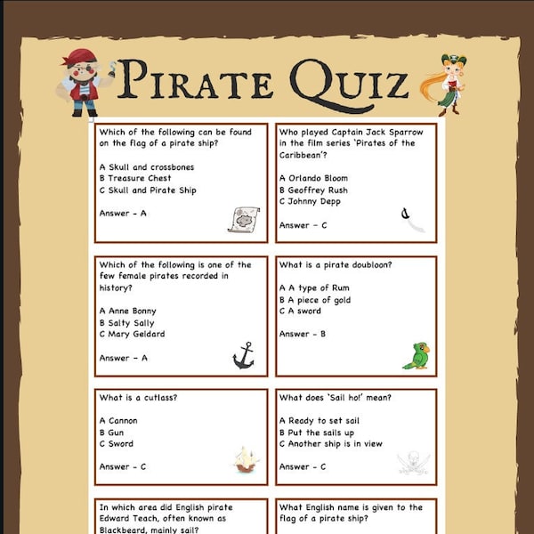 Pirate Quiz Pirate Printable Party Game Instant Download Party Game Pirate Quiz Multiple Choice Pirate Theme Birthday Party Pirate Questions