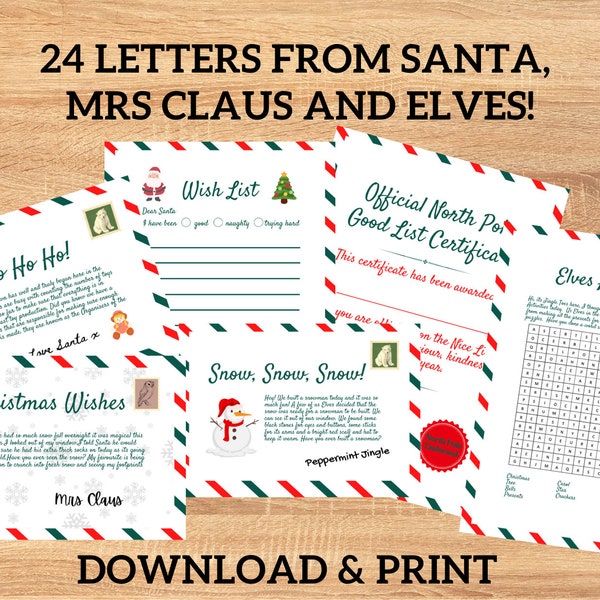Letters from Santa Mrs Claus & Elves Countdown Christmas 24 Letters Instant Download 24 Christmas letters Advent Santa Good List Certificate