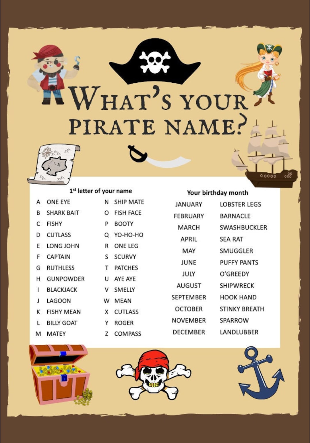 What's Your Pirate Name Name Generator Printable Party Game