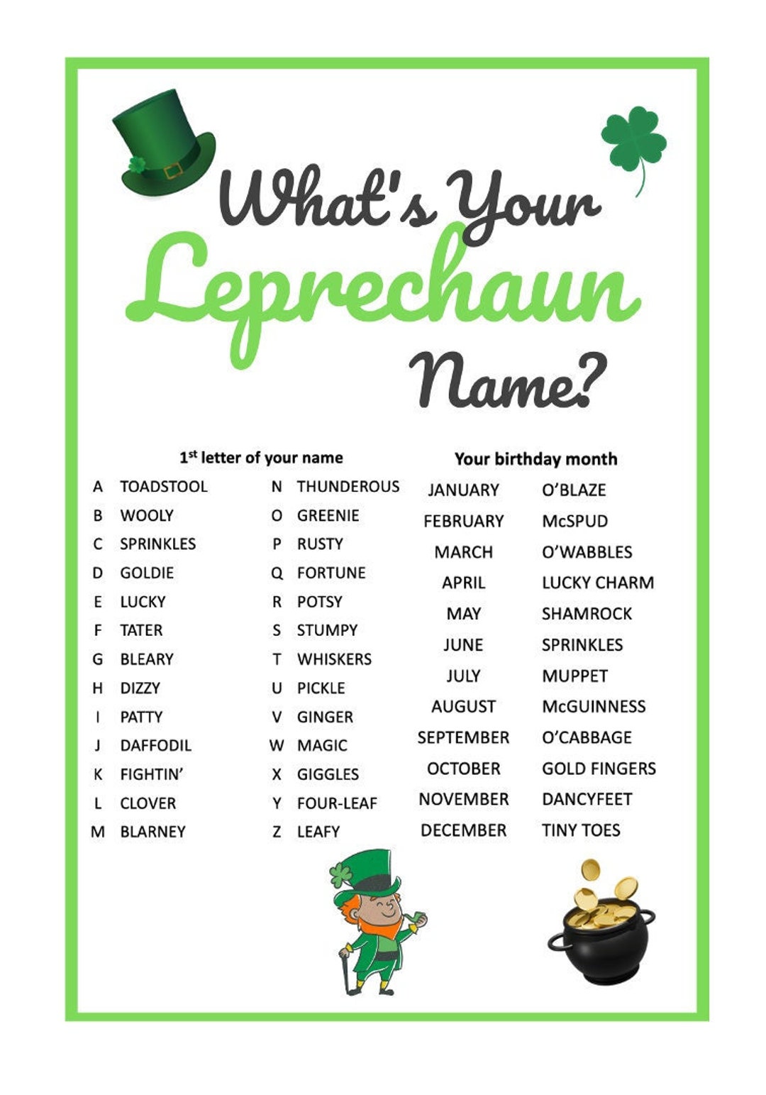 Whats Your Leprechaun Name Generator Printable