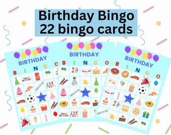 May include: Three blue and white birthday bingo cards with colorful balloons at the top. Each card has a free space in the center and 24 squares with birthday-themed images, including cake, presents, party hats, and confetti.