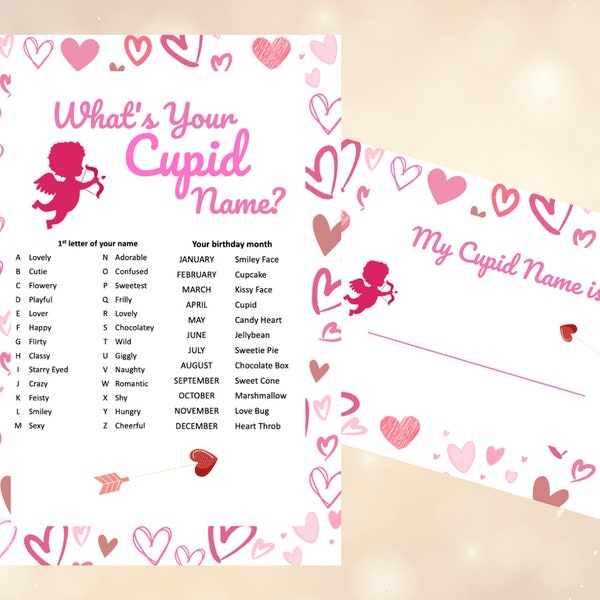 Whats Your Cupid Name? Name Generator Printable Party Game Instant Download Party Game Name Generator Cupid Name Valentine Theme Name Game