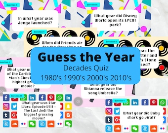 Guess the Year Quiz 40 Questions 80s 90s 2000s 2010s Virtual Zoom Print Digital Download Fun Family Friends Game Online Party 80s 90s 1980