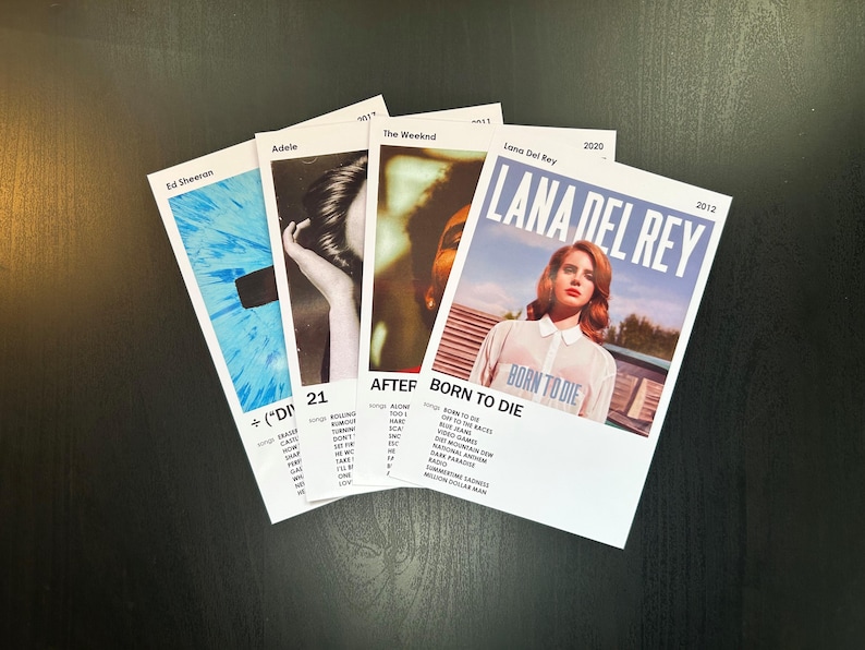 May include: Four album covers with white borders and black text. The covers feature the artists Ed Sheeran, Adele, The Weeknd, and Lana Del Rey. The album titles are + (Plus) "Divide", 21, After Hours, and Born to Die. The album covers are arranged in a row, with the Ed Sheeran album cover on the left and the Lana Del Rey album cover on the right.