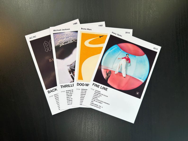 May include: Five album covers with white borders and black text. The album covers are for Back in Black by AC/DC, Thriller by Michael Jackson, Doo-Wops & Hooligans by Bruno Mars, Fine Line by Harry Styles, and Fine Line by Harry Styles.