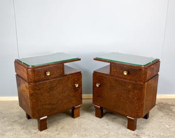 Art Deco-sängbord, äkta trä med glasskiva, 1930-talet