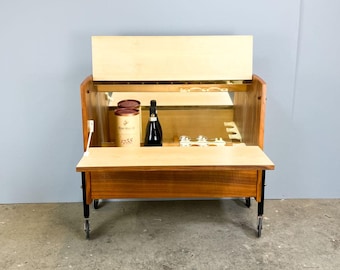 Rolling bar cabinet with interior mirrors, walnut, 1960s, vintage, mid-century