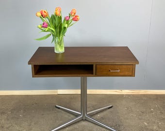 Swivel TV stand/side table, chrome frame with dark walnut, vintage 70s