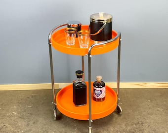 Space Age serving trolley, chrome and orange plastic trays, 1970s, vintage, mid-century